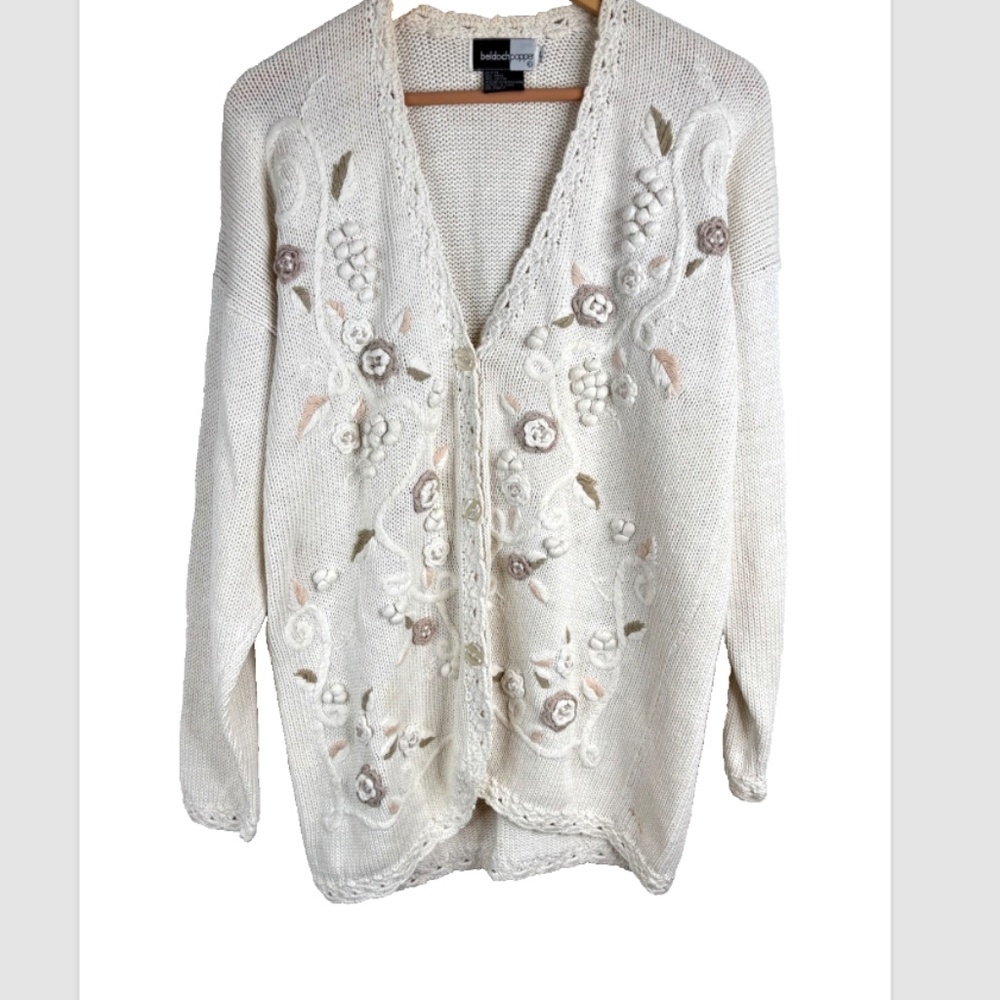 VTG 90s Granny Cardigan L Cream Embroidered Floral Bobble Lace Cottage Granny